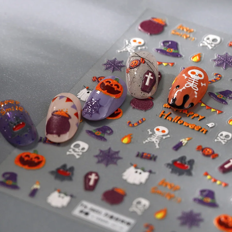 5D Relief Happy Halloween Carnival Night Skull Spider Web Ghost Pumpkin Fire Adhesive Nail Art Stickers Decals Manicure Charms