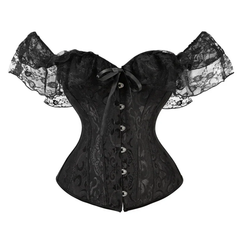 Corsets Tops for Women with Short Sleeves Corset and Bustiers Overbust Lace Up Corselet Vintage Style Victorian Black