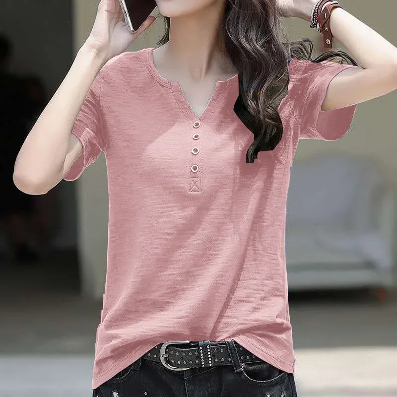 Women's V-neck T-shirt 2025 New Loose Large Size Women's Shirt Ins Top Short Sleeve T-Shirt Women's Blended Cotton