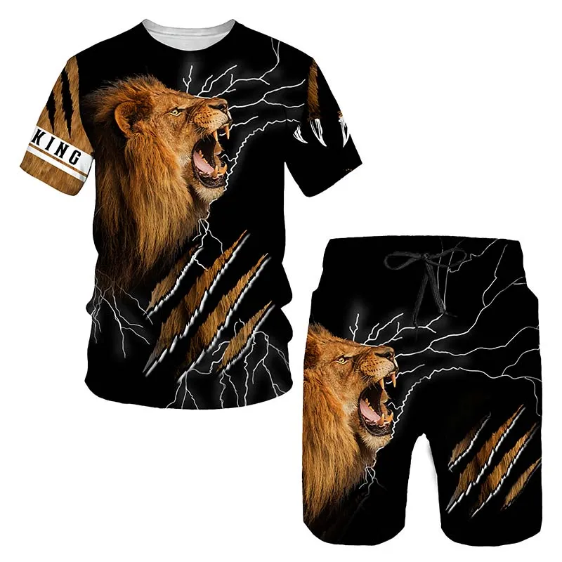 Ferocious Lion Summer Tracksuit Set 3D Printed Casual Men\'s T-shirt Shorts Male Sportswear Short Sleeve 2 Pieces Clothing Outfit