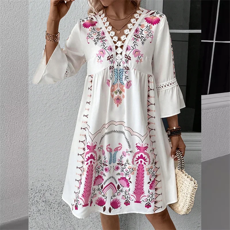 Vintage Print Seven-quarter Sleeve Dresses Women Elegant Lace Decoration V Neck Pullover Dress Summer Casual Female Midi Gown 24