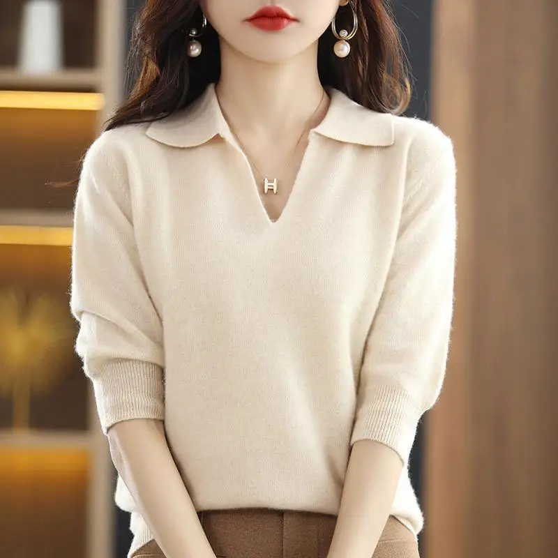 Spring Autumn Korean Style Solid Simple Sweater Top Women Elegant Fashion All-match Knitting Pullover Ladies Temperament Jumper