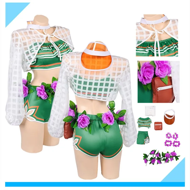 

Women Beach Doreen Cosplay Green Swimsuit Squirrel Bikini Girl Hat Costume Shorts Cloak Waist Bag Halloween Carnival Party Suit