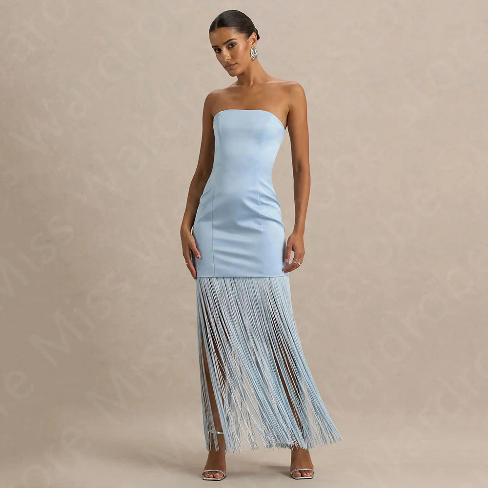 

Customized Latest Baby Blue Cocktail Dresses Tassel Bottom Homecoming Dresses Strapless Prom Party Gowns Sleeveless Open Back