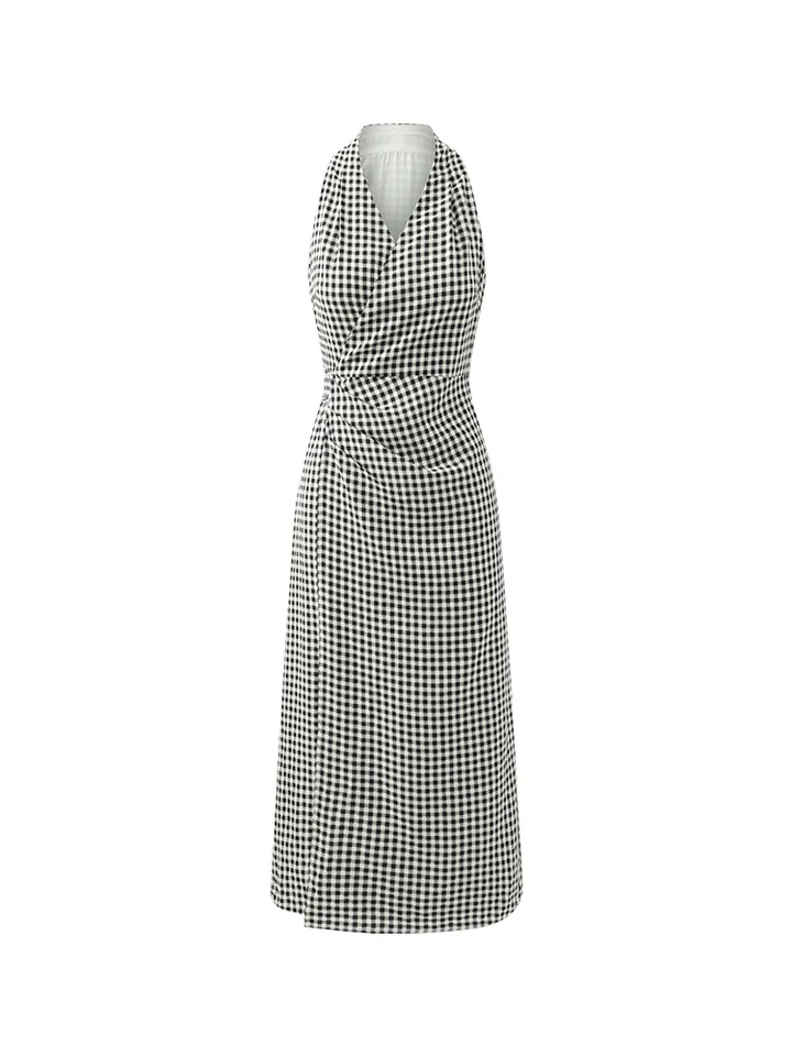 Halter Neck Gingham Dress Women Slim Fit Hepburn Style Summer Maxi Dress  Backless Tie Waist Long Dress Hip Coverage Elegant Look - AliExpress  200000345