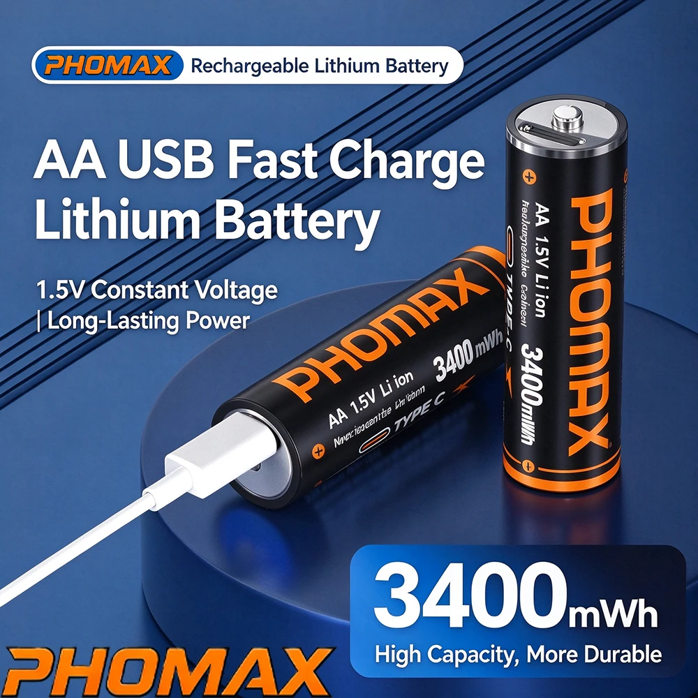 PHOMAX New 1.5V AA USB Rechargeable Battery 3400mWh Li-ion Battery for Remote Control Mouse Electric Toy Battery + Type-C Cable