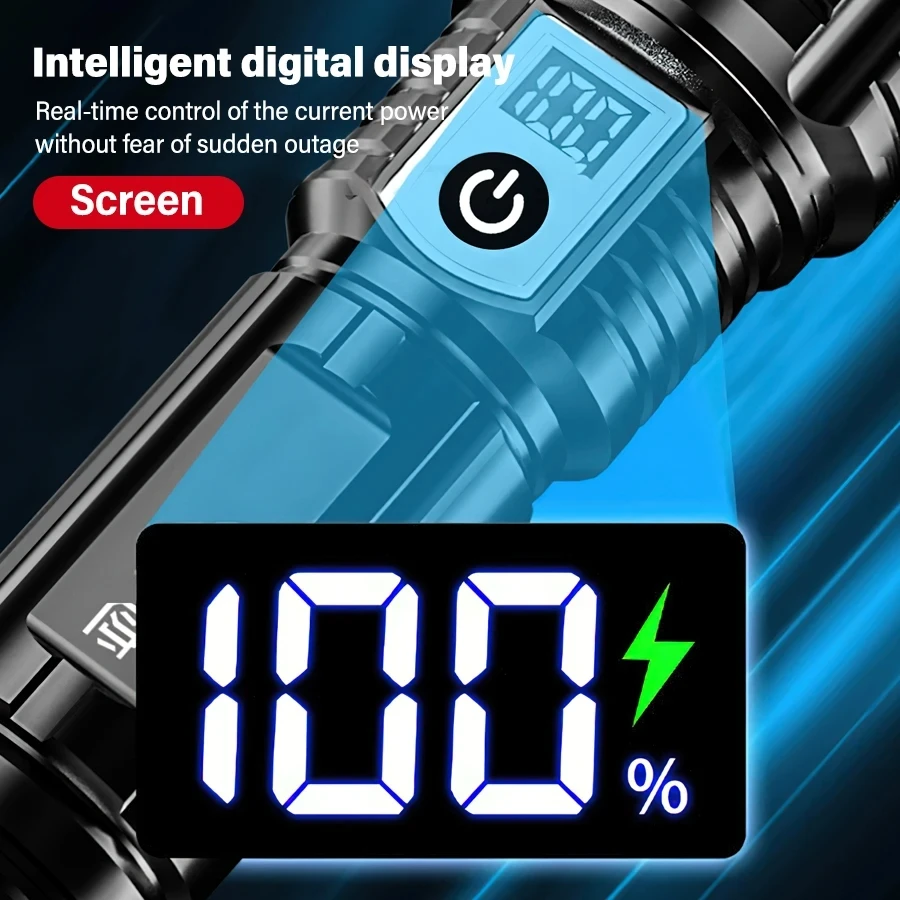 10000LM Powerful LED Flashlight Built-in Battery USB Rechargeable Zoom Torch With Power Display Outdoor Tactical Flashlights