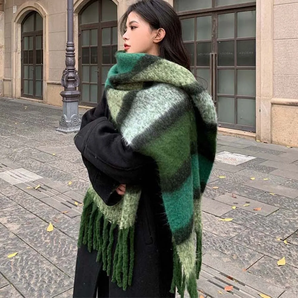 Chunky Neckwear Thick Winter Scarves Thermal Soft Tassel Shawls Windproof Cozy Checked Neck Wraps Commuting