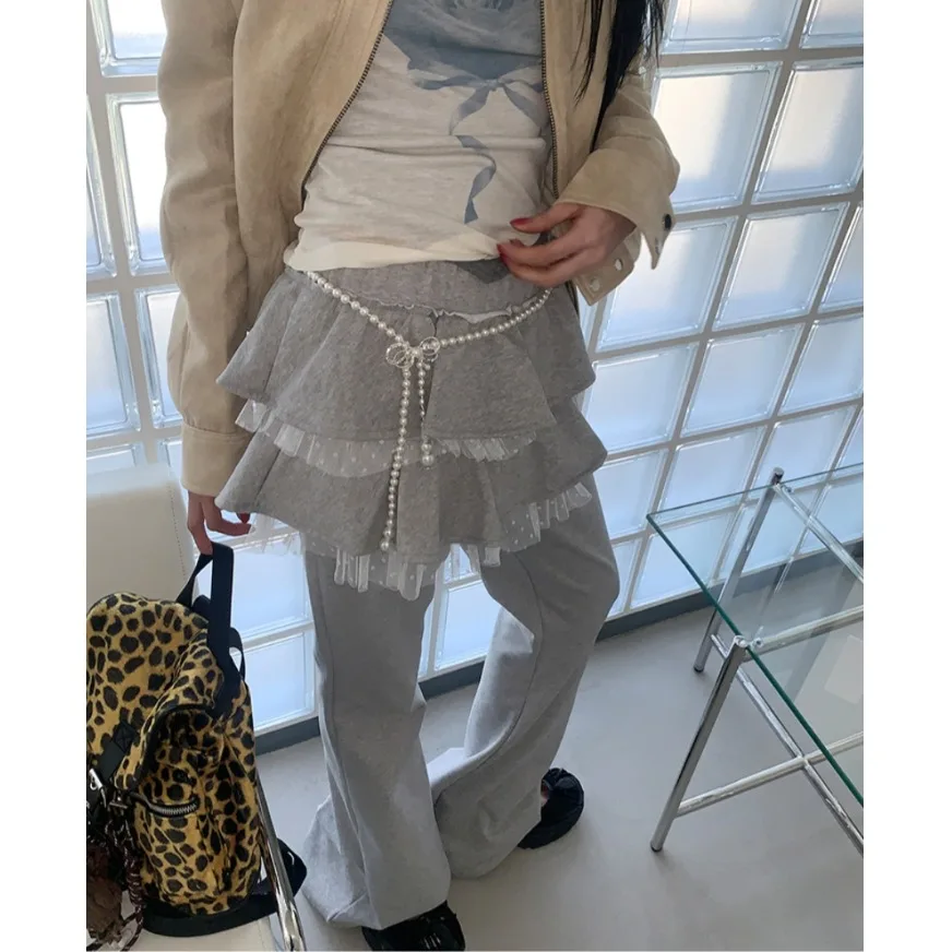 Japanese Style Polka Dot Mesh Splice Sweatshirt Skirt Hem Fake Two Piece Bell Bottom Pants Women's Casual Trousers