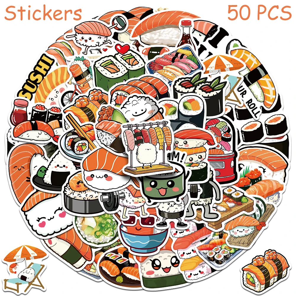 

50pcs Japanese Sushi Stickers Decals For Phone Suitcase Notebook Refrigerator Guitar DIY Aesthetic Stickers Creative Toys Gifts