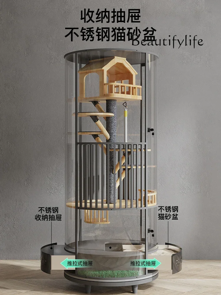 A Fully Transparent Glass Panoramic Rotating Cylindrical Cat Villa Luxury Cabinet Cage Indoor With Toilet Integrated