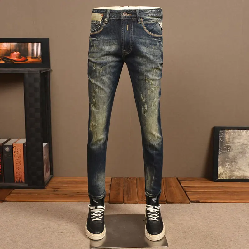 

Streetwear Fashion Men Jeans High Quality Retro Washed Blue Stretch Slim Fit Ripped Jeans Men Vintage Designer Denim Pants Homme