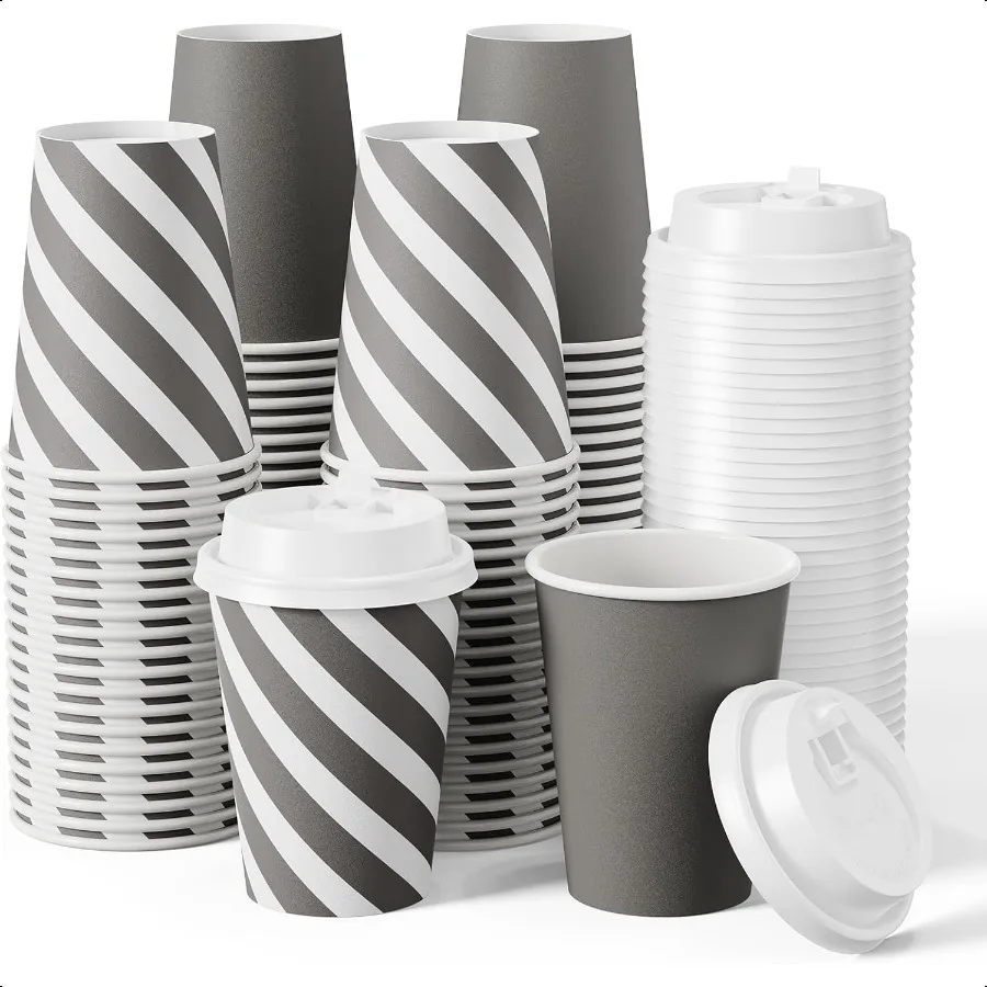 

100 Pack 12 oz Paper Coffee Cups Printed Hot Cups with Lids for Home Busin Restaurant and Cafe Stripes and Grey