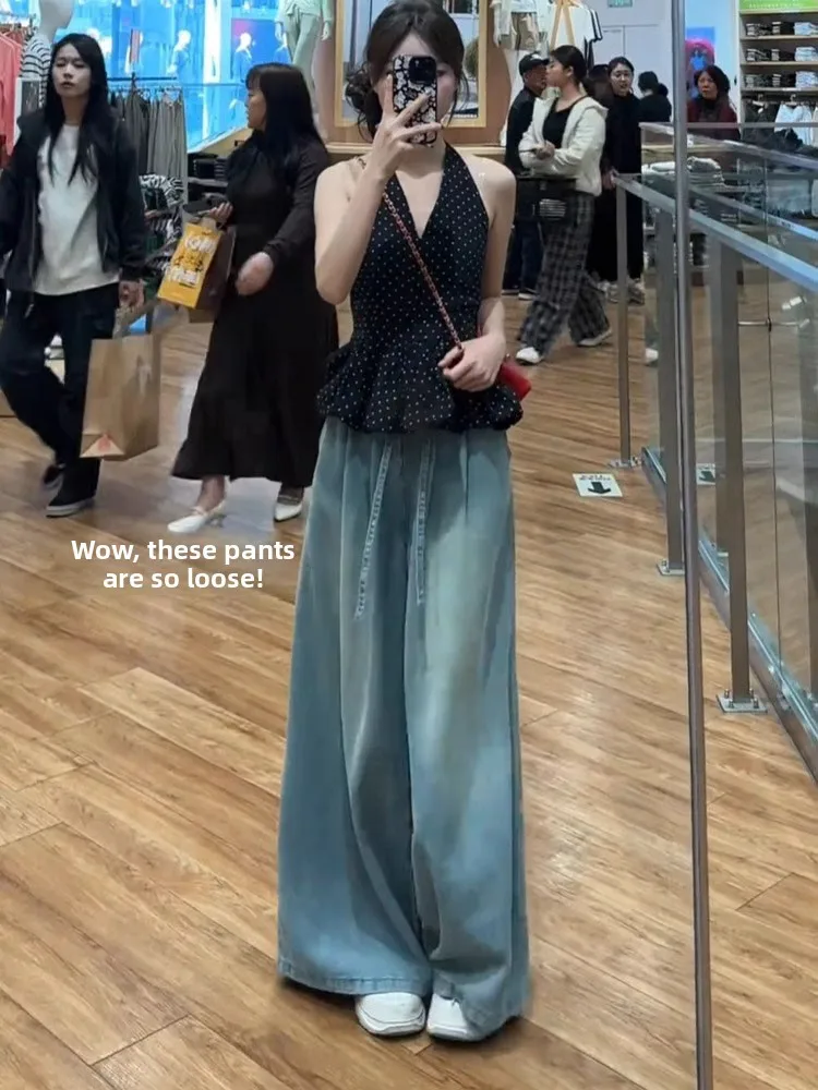 plus Size Silk Wide Leg Jeans Women's Thin Autumn New Fat MM Drapey Hip Conceal Slimming Ice Silk Floor-Length Pants