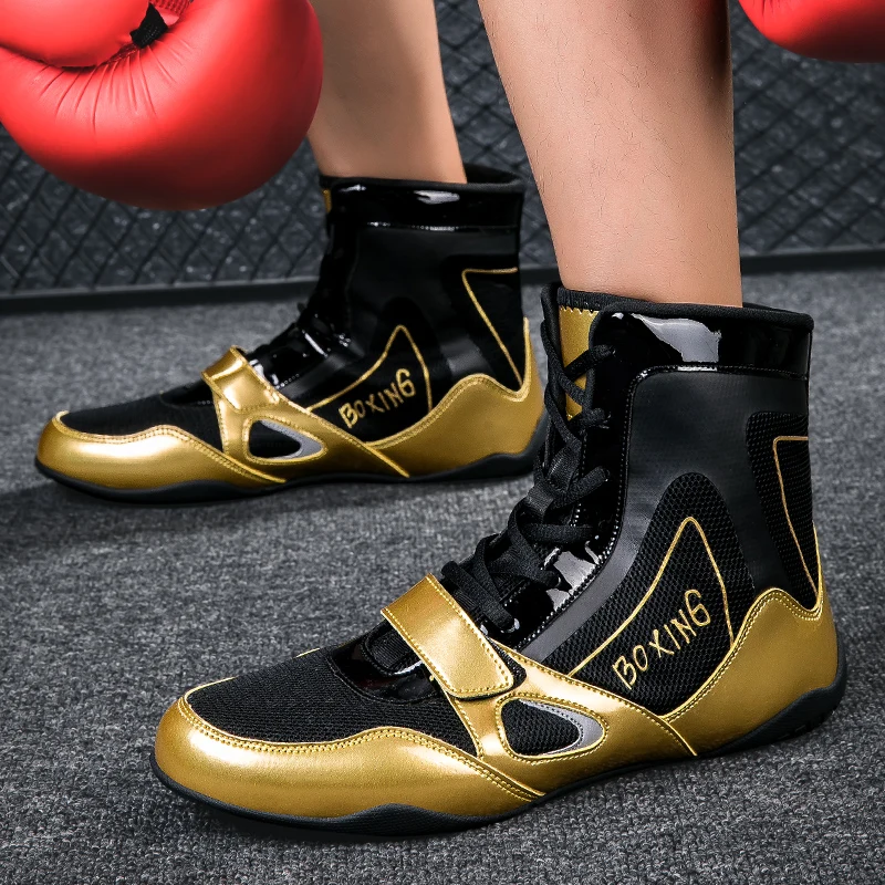 Profissional Unisex Ouro High Top Wrestling Shoes Boxe e Botas de Treinamento de Combate Sapatos Esportivos Ao Ar Livre Grandes Tamanhos 36-47