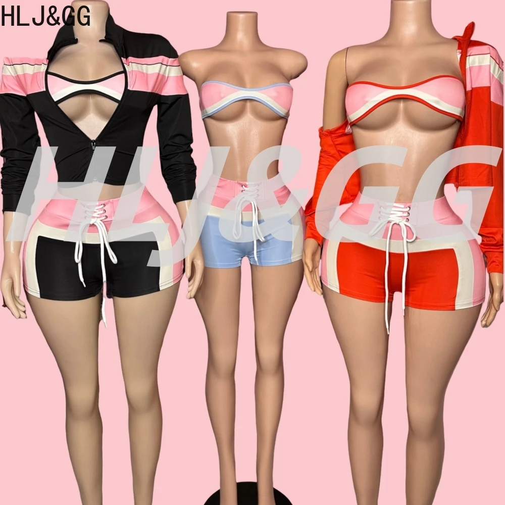 

HLJ&GG Fashion Color Stitching 3 Piece Sets Women Long Sleeve Jacket + Tanks Top + Lace Up Shorts Outfits Sexy Sporty 2pcs Suits