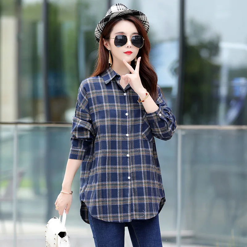 

Women's Long-sleeved Cotton Loose and Versatile Plaid Shirt Spring and Autumn New Outer Wear Women's Shirt Women's Clothing