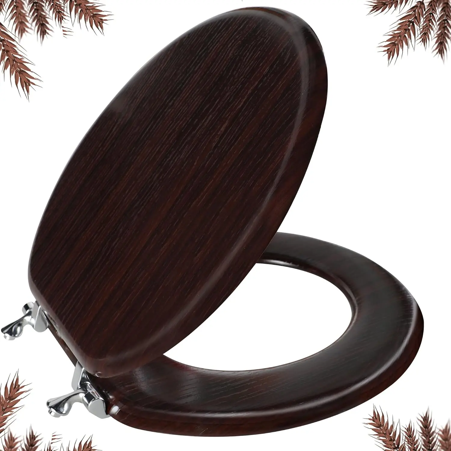 

Round Molded Wood Toilet Seat with Zinc Alloy Hinges, Easy Install and Clean, Anti-pinch Design