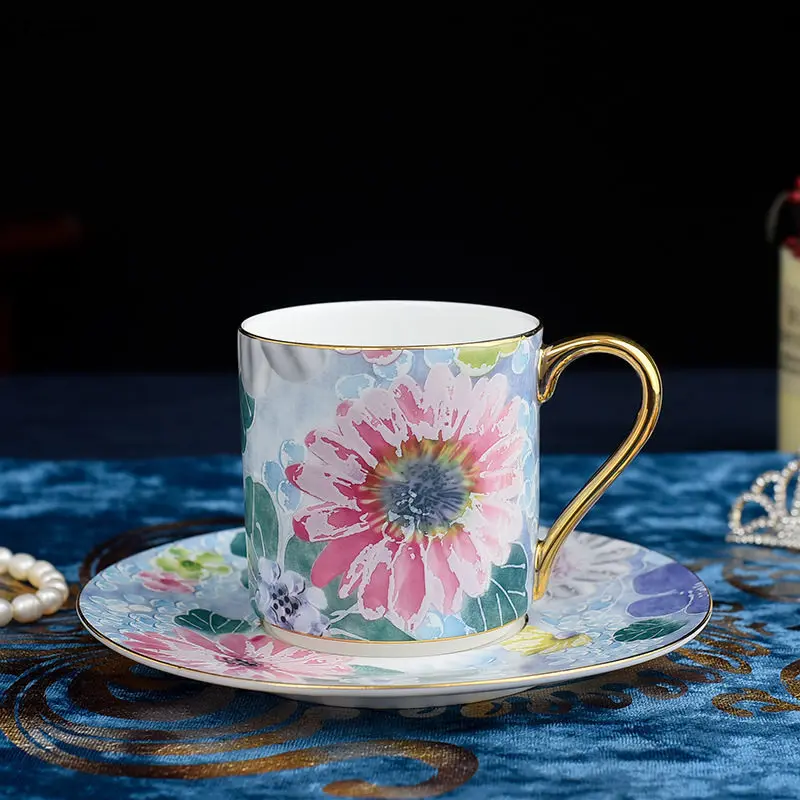 H1 high bone china coffee cup and saucer set - real gold hand-painted relief texture - gift boxed holiday gift