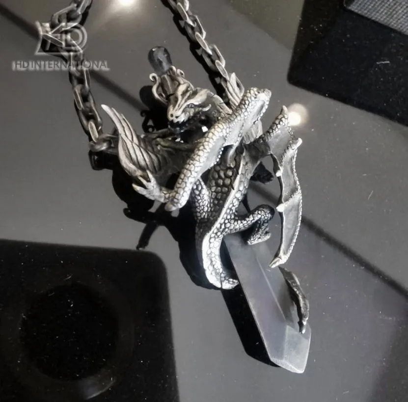 925 Silver Flying Dragon Sword Pendant Necklace, Chinese Jewelry, Hovering Dragon Necklace, Men's Necklace - Handmade