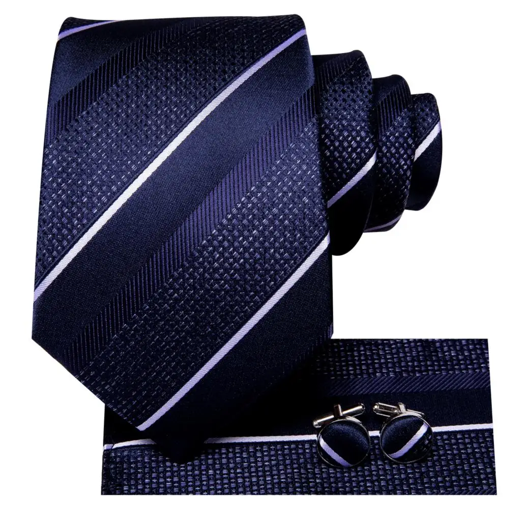 Hi-Tie Marineblau gestreifte Seide Herren Hochzeit Krawatte für Männer Qualität Taschentuch Manschetten knopf Geschenk Krawatte Set Business Party Modedesigner