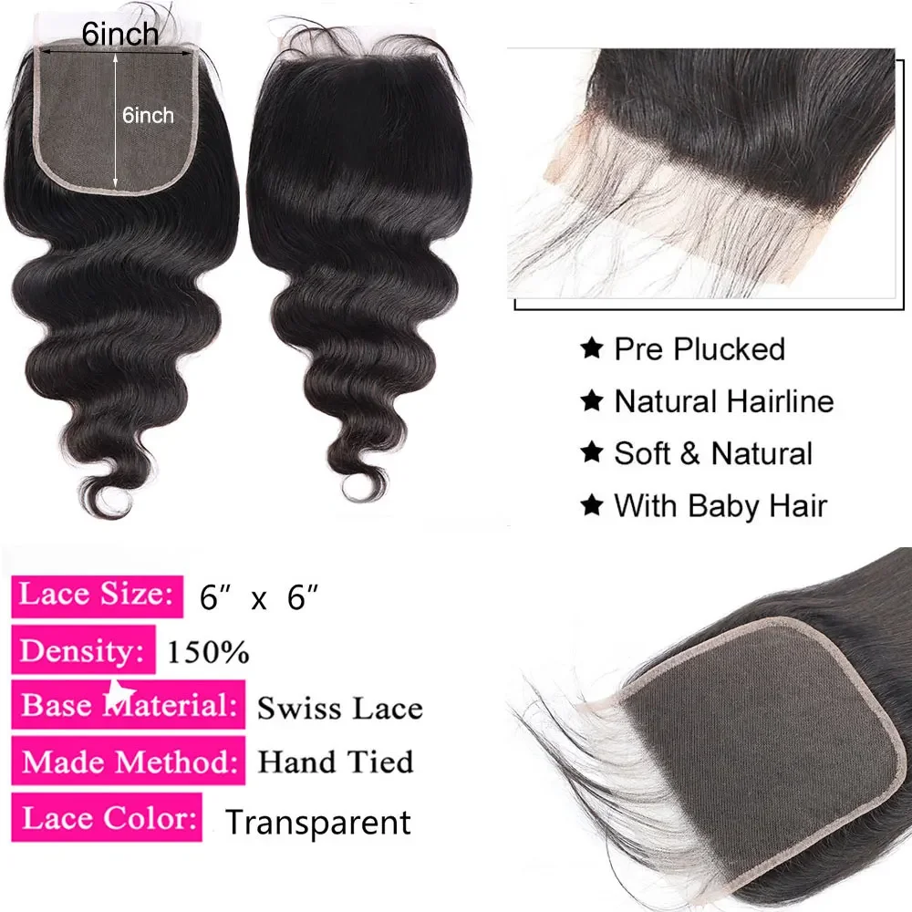 4x4 5x5 Body Wave Closure 6x6 Human Hair Lace Frontal Closure For Women Hair Extensions Swiss Lace Brazilian Human Hair