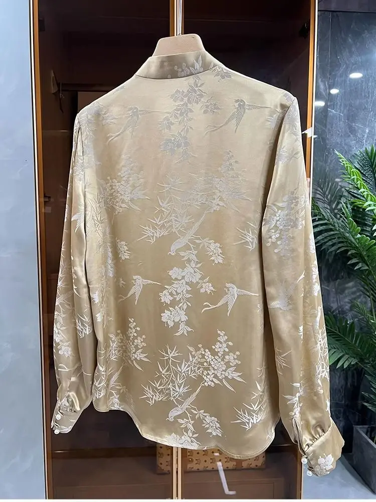 Spring New Style Retro Chinese Style Jacquard Embroidered Satin Top for Women with a Super Fairy Design Sense Shirt