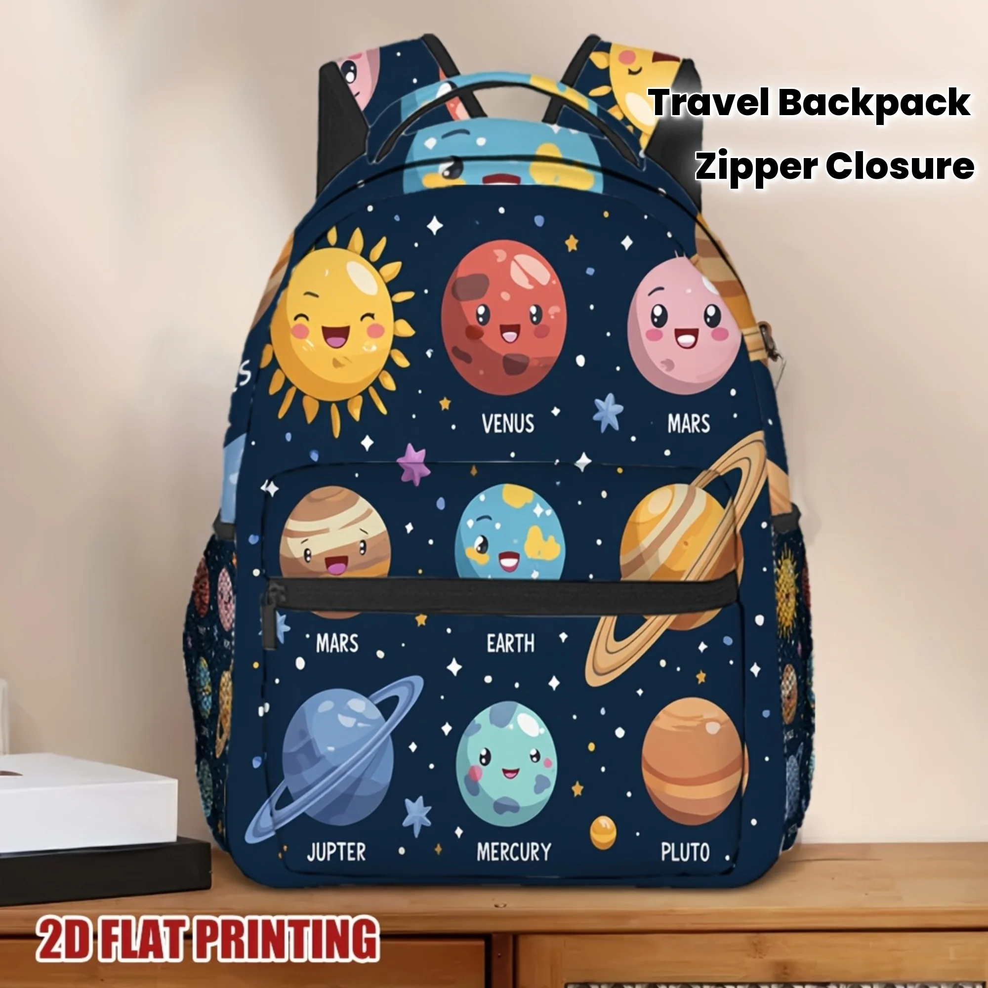 Solar System Smiles Backpack Lightweight Spacious Travel Backpack with Colorful Planet Print, Durable Zipper Closure