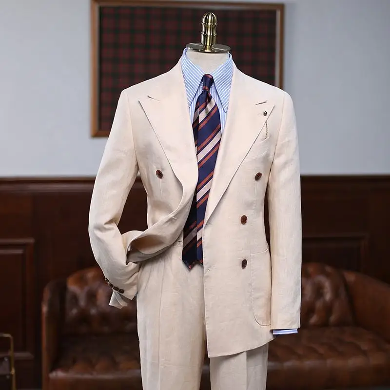 

Beige Men Suits 2 Pieces Blazer Pants Double Breasted Solid Business Uniform Wedding Groom Formal Work Party Causal Tailored