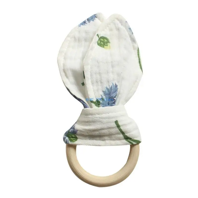 

24BE Baby Wooden Hand Grasp Toy Soft Cotton Rabbit Ears Teether Bracelet Comforting Toy Teething Sensory Rattle