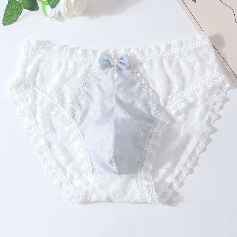 

Plus Size Sheer Sexy Men's Briefs Sweet Sissy Mid-Waist Panties Mesh Lace Bow Cotton Crotch Convex Pouch Briefs Erotic lingerie