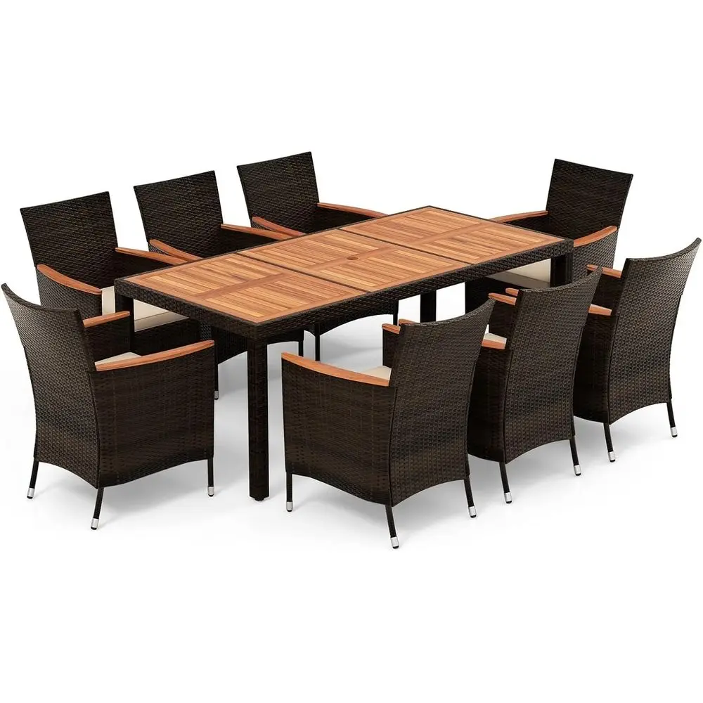 

9-Piece Outdoor Wicker Dining Set with Cushions and Acacia Wood Table