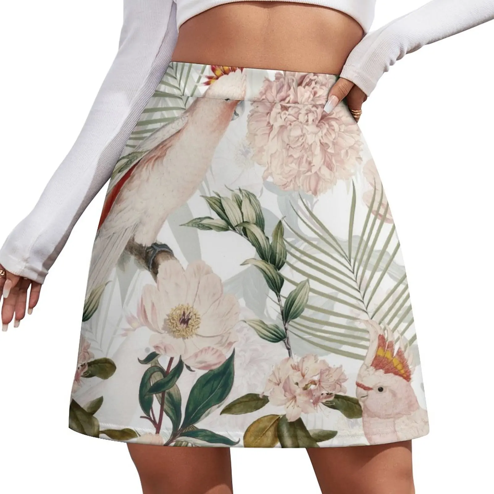 

Tropical cockatoo and jungle Botanical Garden pattern - white Mini Skirt Summer dress Women's summer dress Mini Skirt