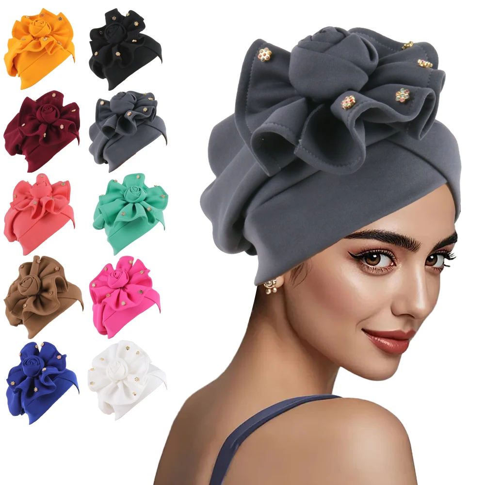 2025 Trendy Women Big Flower Turban Hat Fashion Muslim Hijab Caps Beads Head Wrap Bonnet Bandana Chemo Cap African Headties Hats