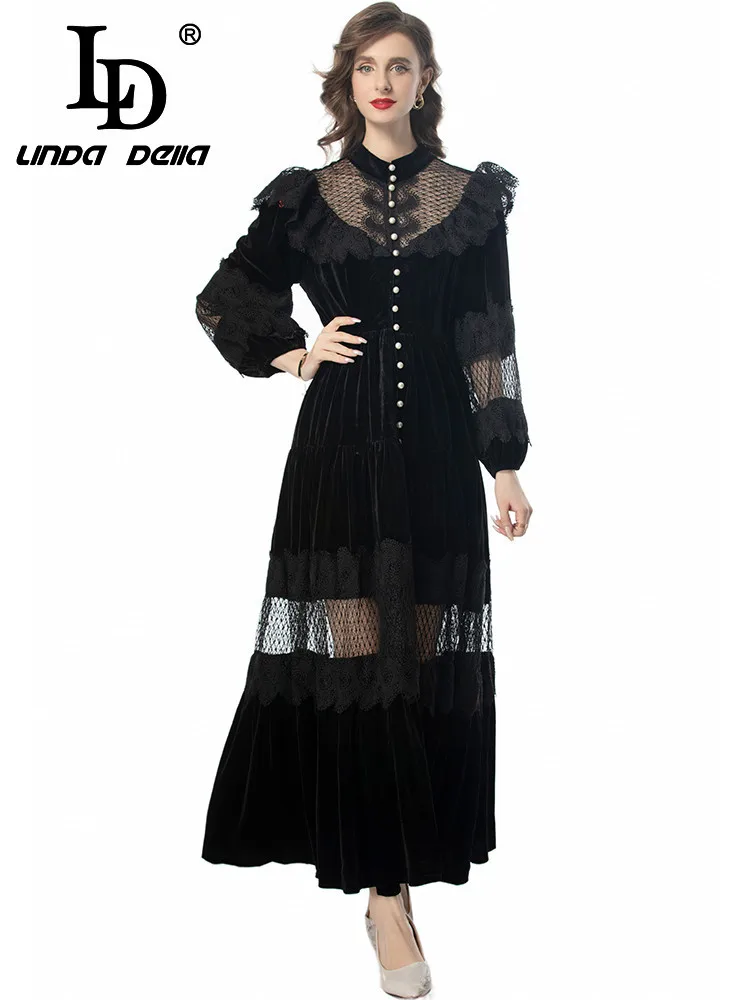 LD LINDA DELLA Summer Runway Vacation Dress Women\'s Vintage Lace Net Yarn Pearls Hollow Out Sashes Temperament Long Dresses