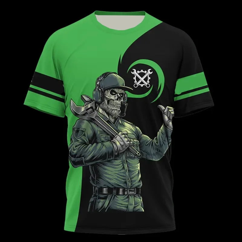 Family Matching Outfits 3D Print Mechanic Skull Short Sleeve T-shirt, Dad Mom Kids Casual Tees Family Set Tops