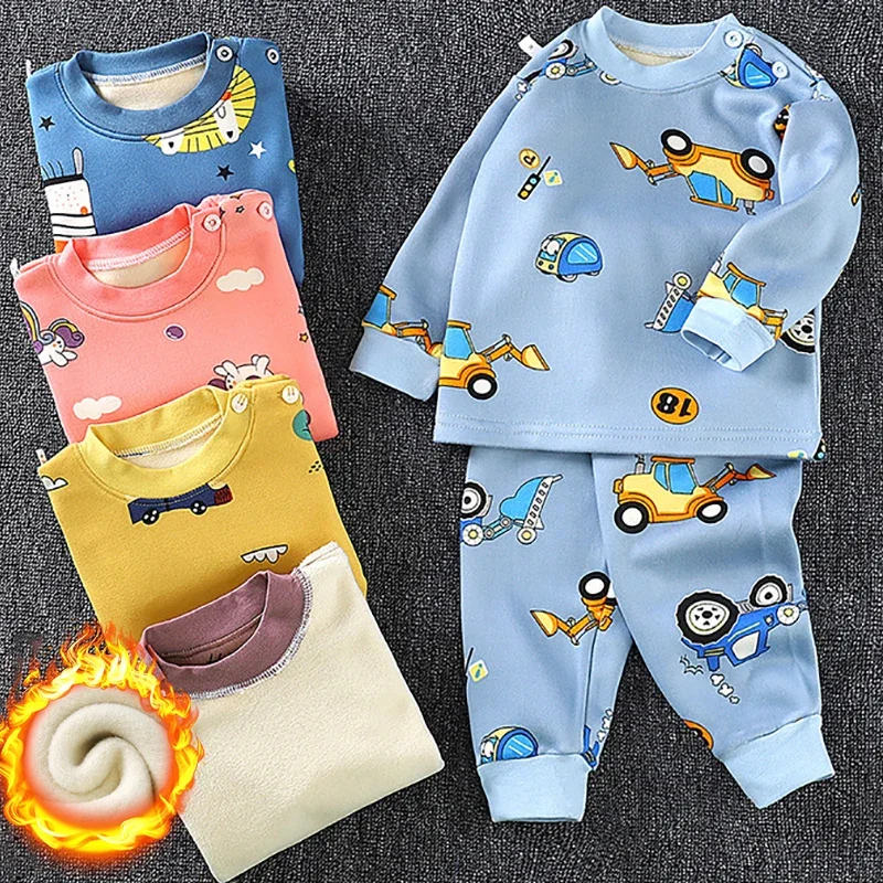 2024 Autumn and Winter Thickened Long-sleeved Girl Clothes Plus Velvet Children Sets Thermal Underwear Suit Boys Cartoon Pajamas