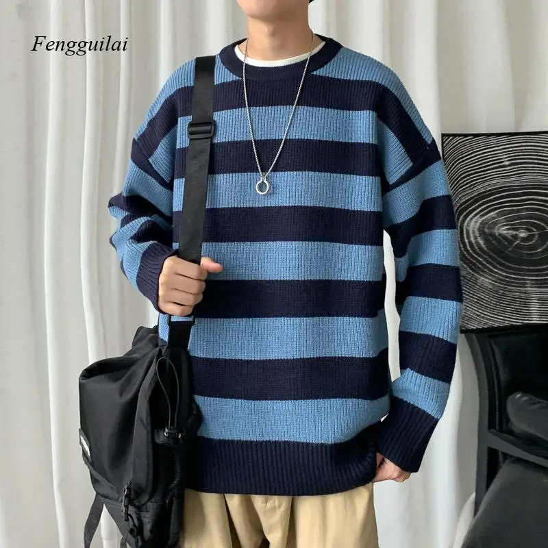 Autumn Winter Knitted Striped Sweater Men Casual Oversized Pullovers Sweaters Loose Warm Jumper Streetwear Teen Knitwear
