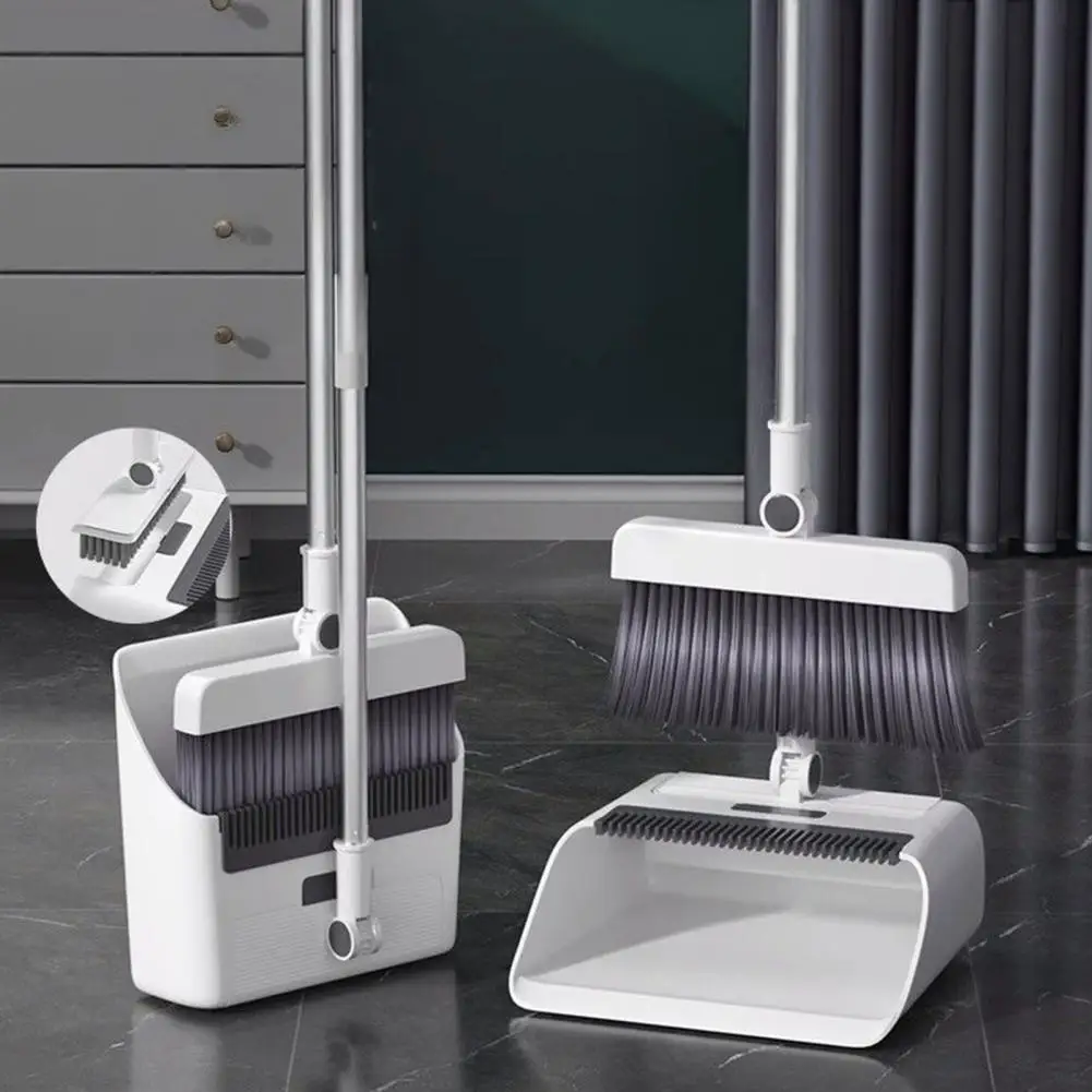 Dustpan with Comb Teeth Broom Dustpan Set Broom Dustpan Set with Built-in Comb Teeth Adjustable Long Handle 180° for Indoor