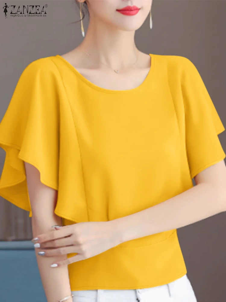 

ZANZEA Summer Women Chiffon Blouse Elegant Short Sleeve Work OL Shirt Stylish Solid Holiday Tunic Tops Casual Loose Party Blusas