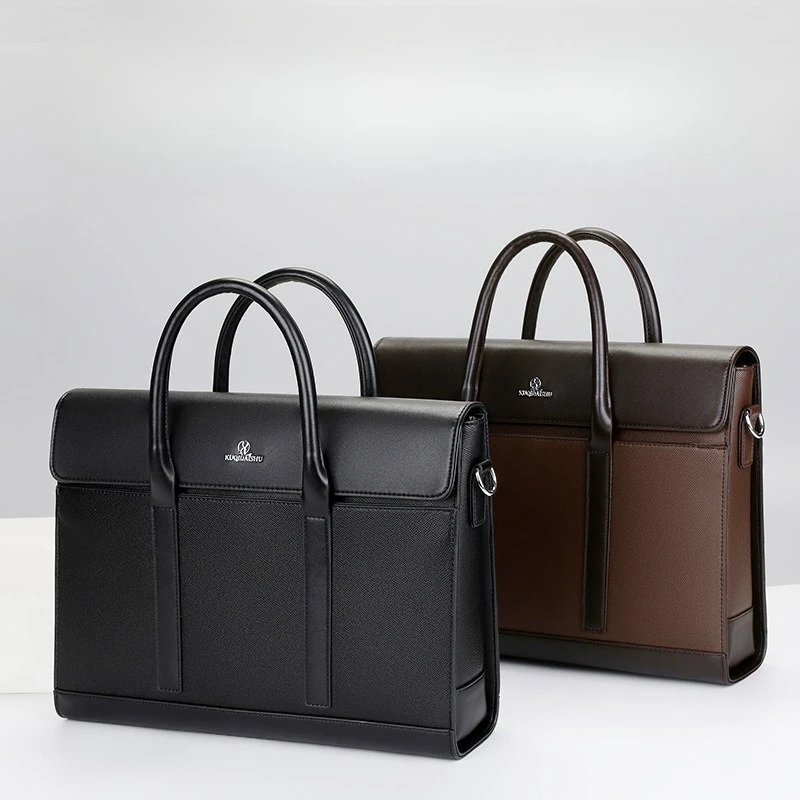 PU leather waterproof business men's briefcase for 14-inch laptop, large capacity commuter crossbody or shoulder bag
