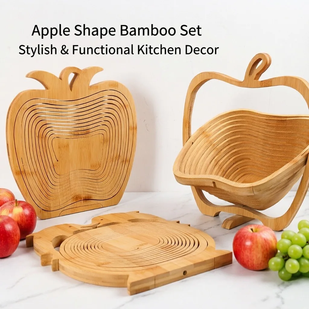 Bamboo Fruit Basket Foldable Apple, Shape Wooden Fruit Plate Kitchen, Living Room Tea Tray Storage, Bowl Heat Insulation Home De