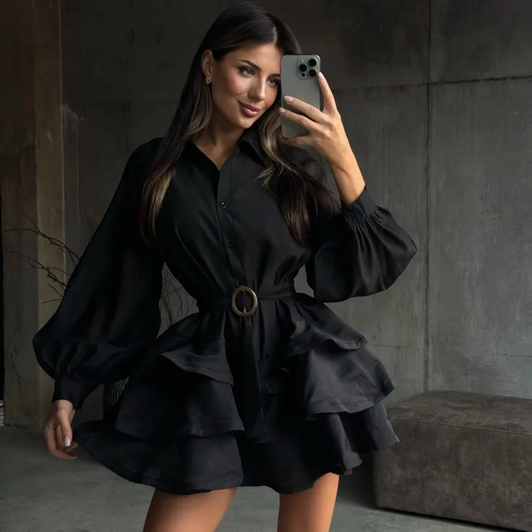 

Elegant Black Women's Fashion 2026 Spring New Style Turn-Down Collar Long Sleeve Single-Breasted Belt Puff Dress