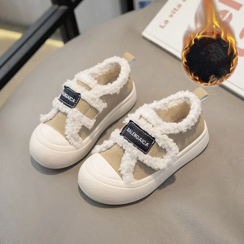 Winter New Boys and Girls Warm Flat Cotton Shoes 2024 Children's Korean Edition Fashion Soft Bottom Velcro Casual Shoes