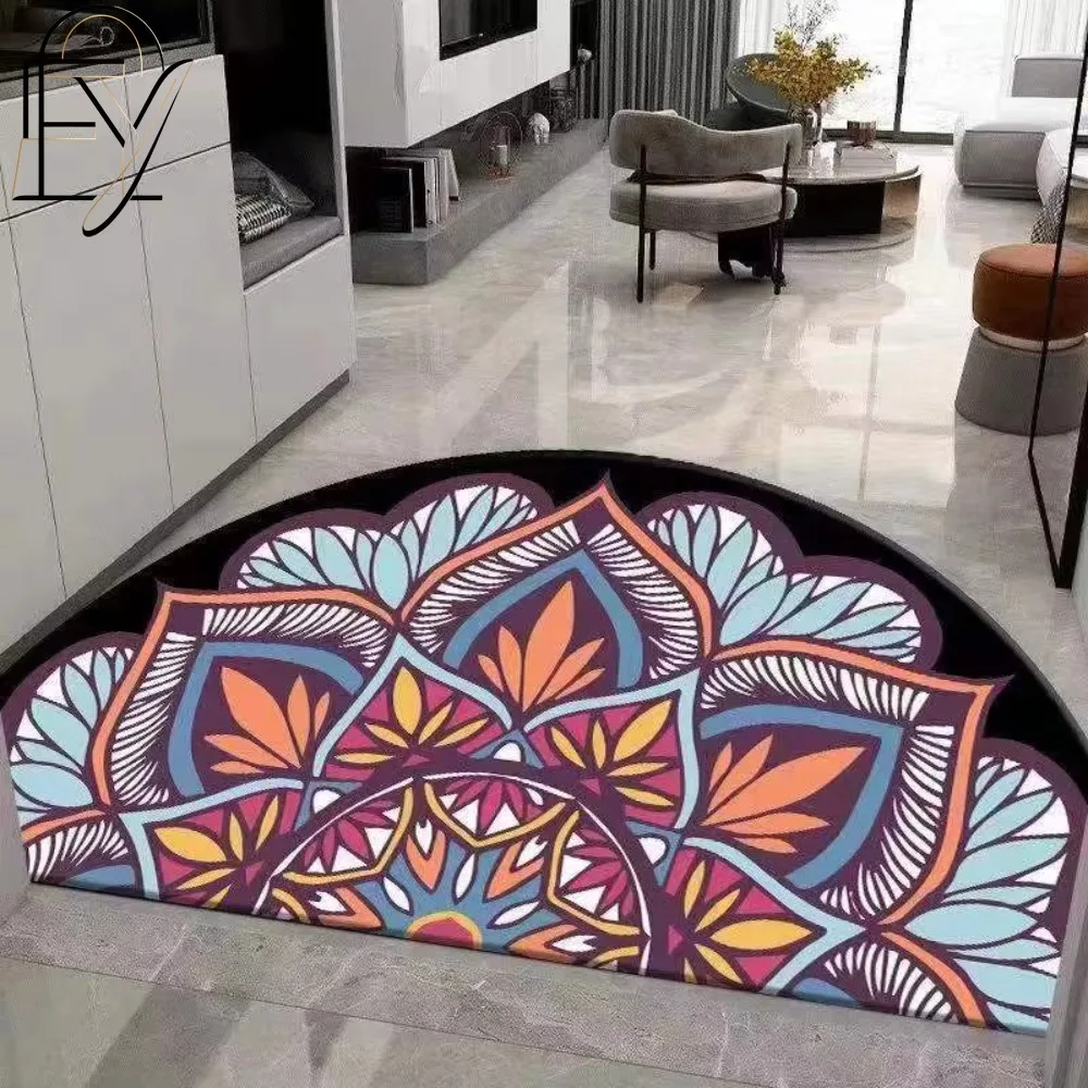 Non Slip Door Mat with 3D Ornate Mandala Carving in Silver and Bronze Felt Rug for Elegant Entryway