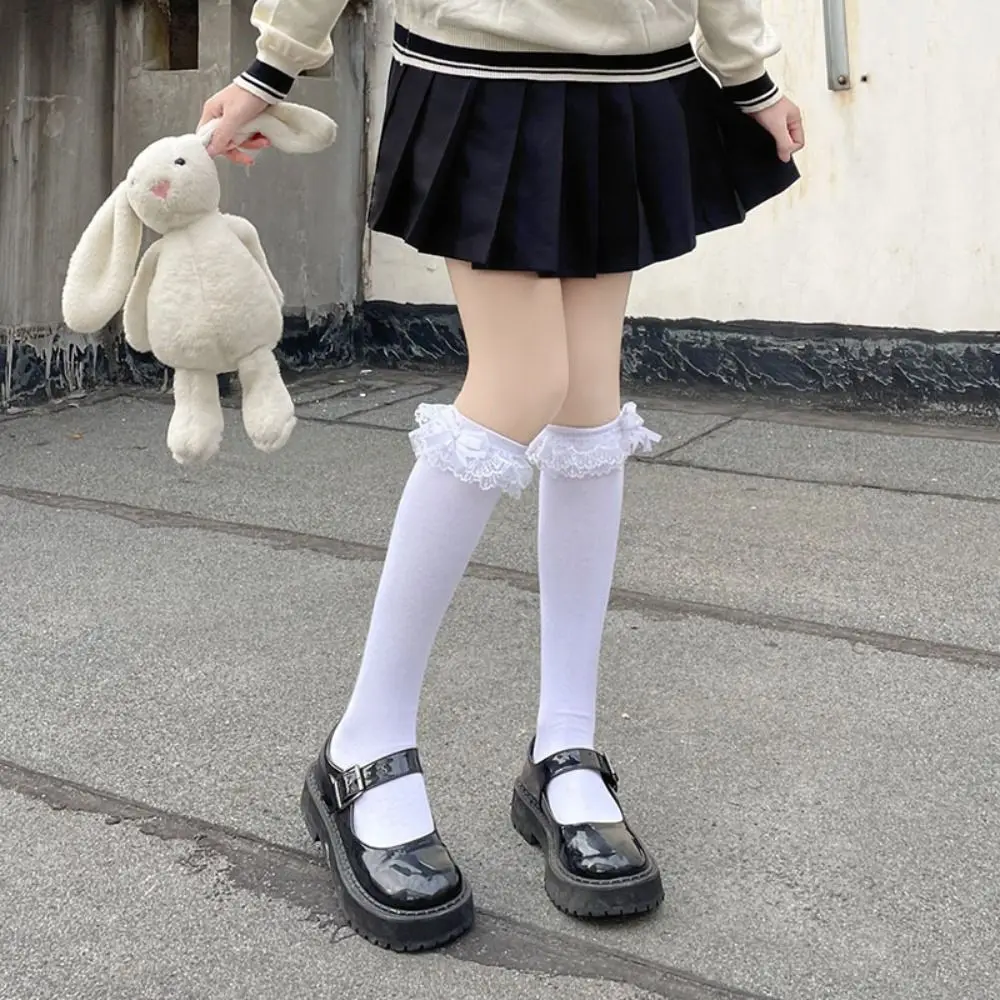 

2Pairs Comfortable Ruffle Lace Bowknot Stockings Sweet Lolita JK Long Tube Socks Streetwear Harajuku Stockings for Women Summer