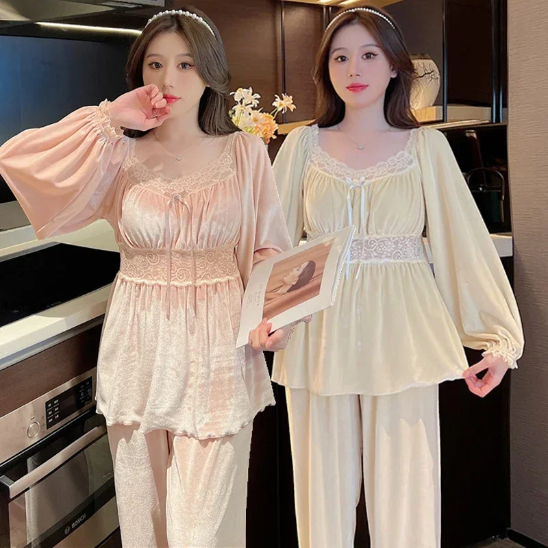 

2025 Winter Long Sleeve Cute Lace Gold Velvet Pajama Sets for Women Korean Loose Sleepwear Pyjama Homewear Pijama Mujer Clothes