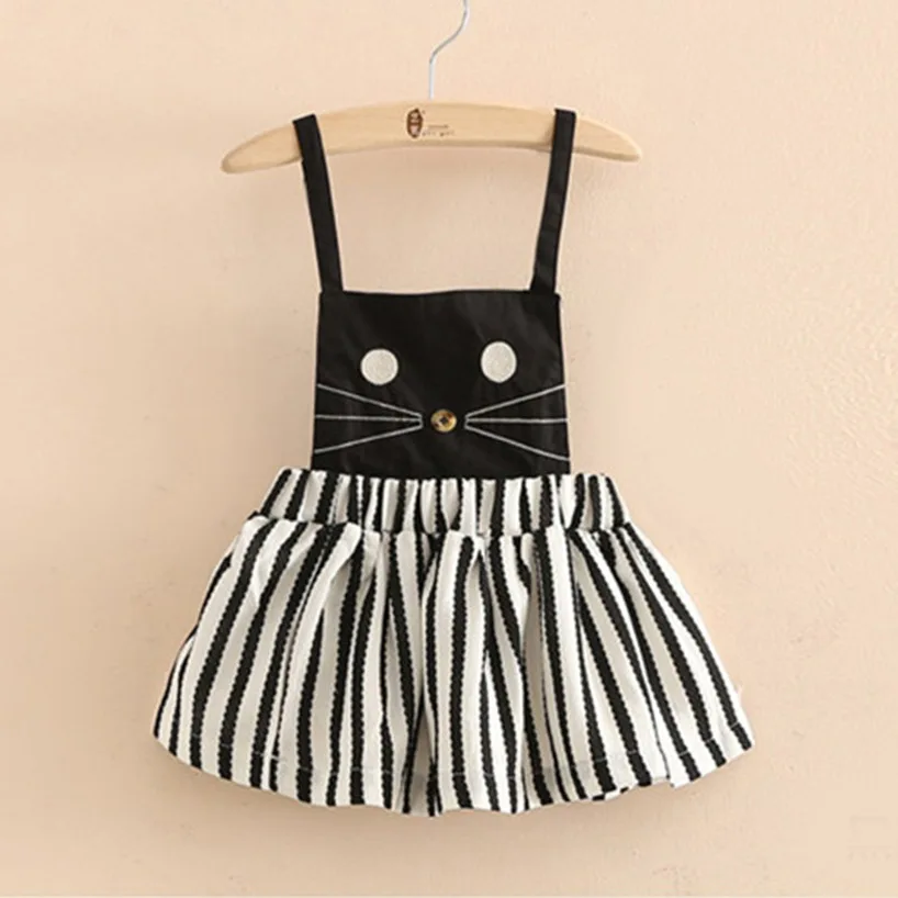 Toddler Girl Casual Dress Kids Girls Cartoon Cat Stripe Summer Sleeveless Strap Dresses Little Girls Vest Beach Dress