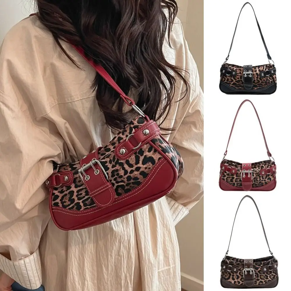Punk Y2K Leopard Print Shoulder Bag Pu Leather Belt Buckle Motorcycle Bag Fashion Spicy Girl Retro Rivet Underarm Bag Streetwear