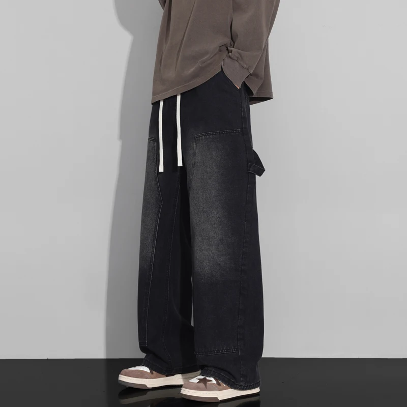Cargo Jeans Men's Autumn New Streetwear Drawstring Casual Loose Straight Pants Male Spliced Wide-leg Korean Denim Pants